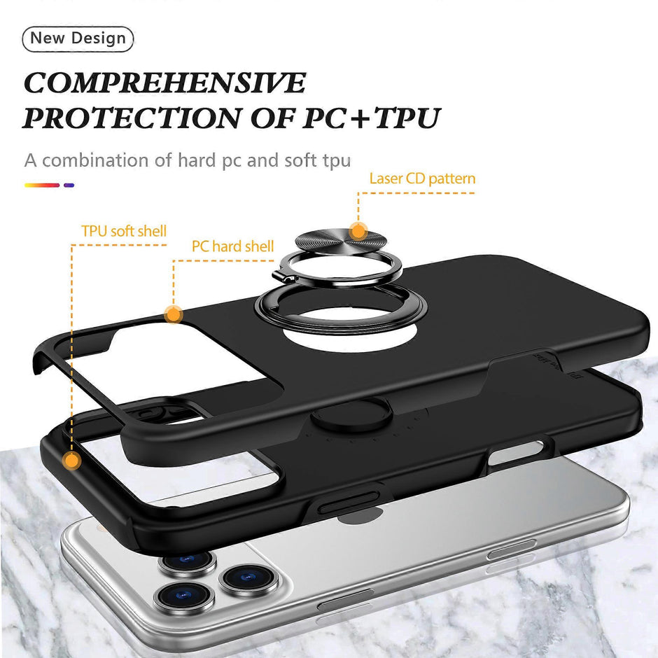 Cases Cover For iPhone 17 Pro Case PC + TPU Phone Cover with Rotatable Ring Holder - Black