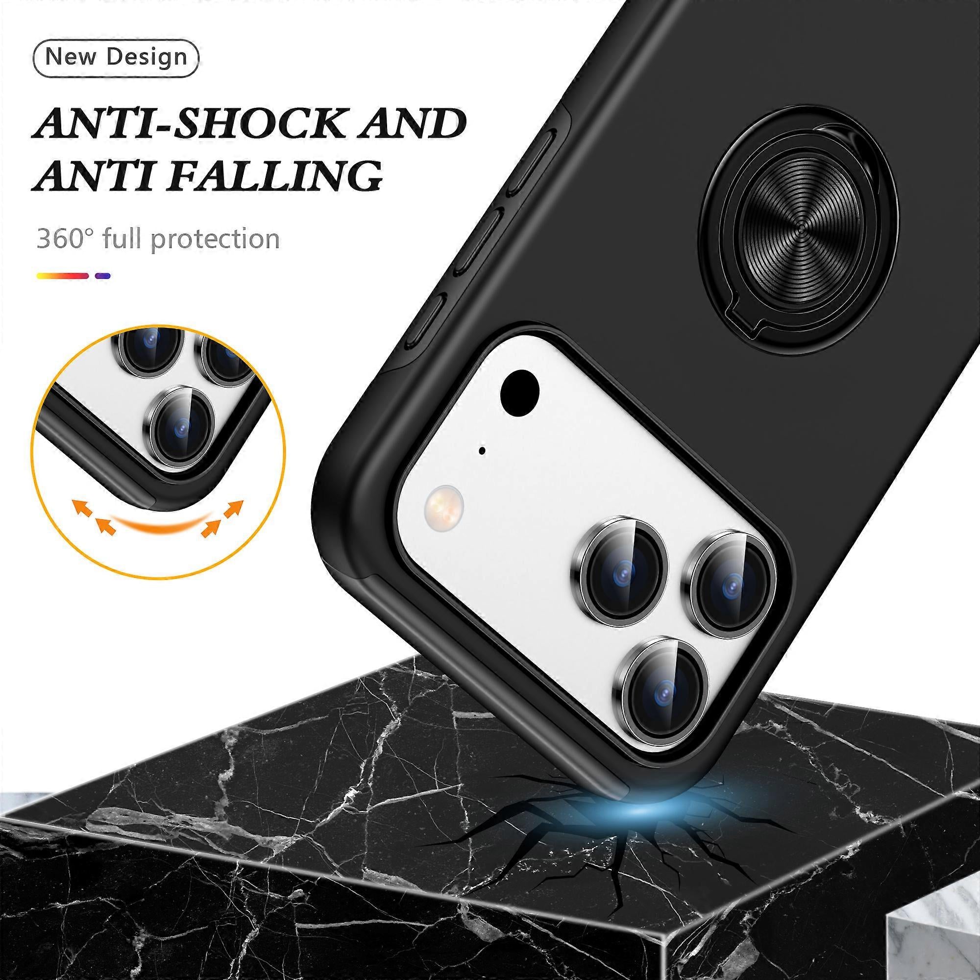Cases Cover For iPhone 17 Pro Case PC + TPU Phone Cover with Rotatable Ring Holder - Black