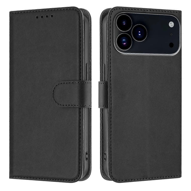 TKdaddy For iPhone 17 Pro Leather Case Solid Color Phone Cover with Wallet Black