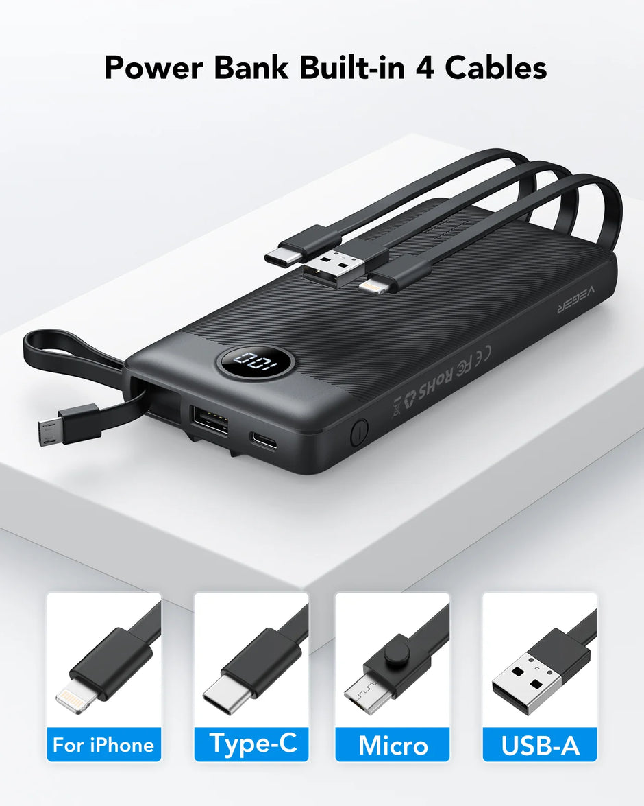 RelifeTech 20000mAh Power Bank with Built-in Cables