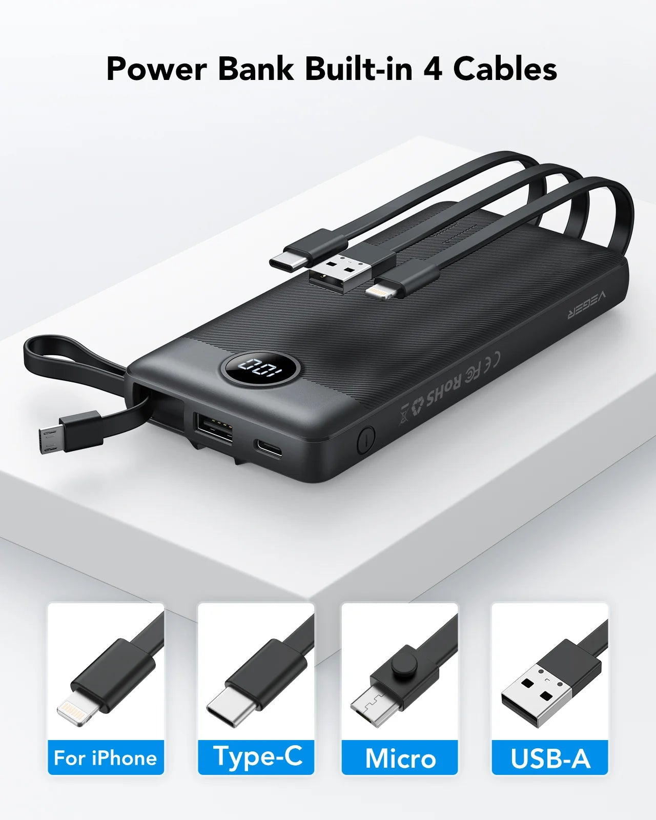 RelifeTech 20000mAh Power Bank with Built-in Cables