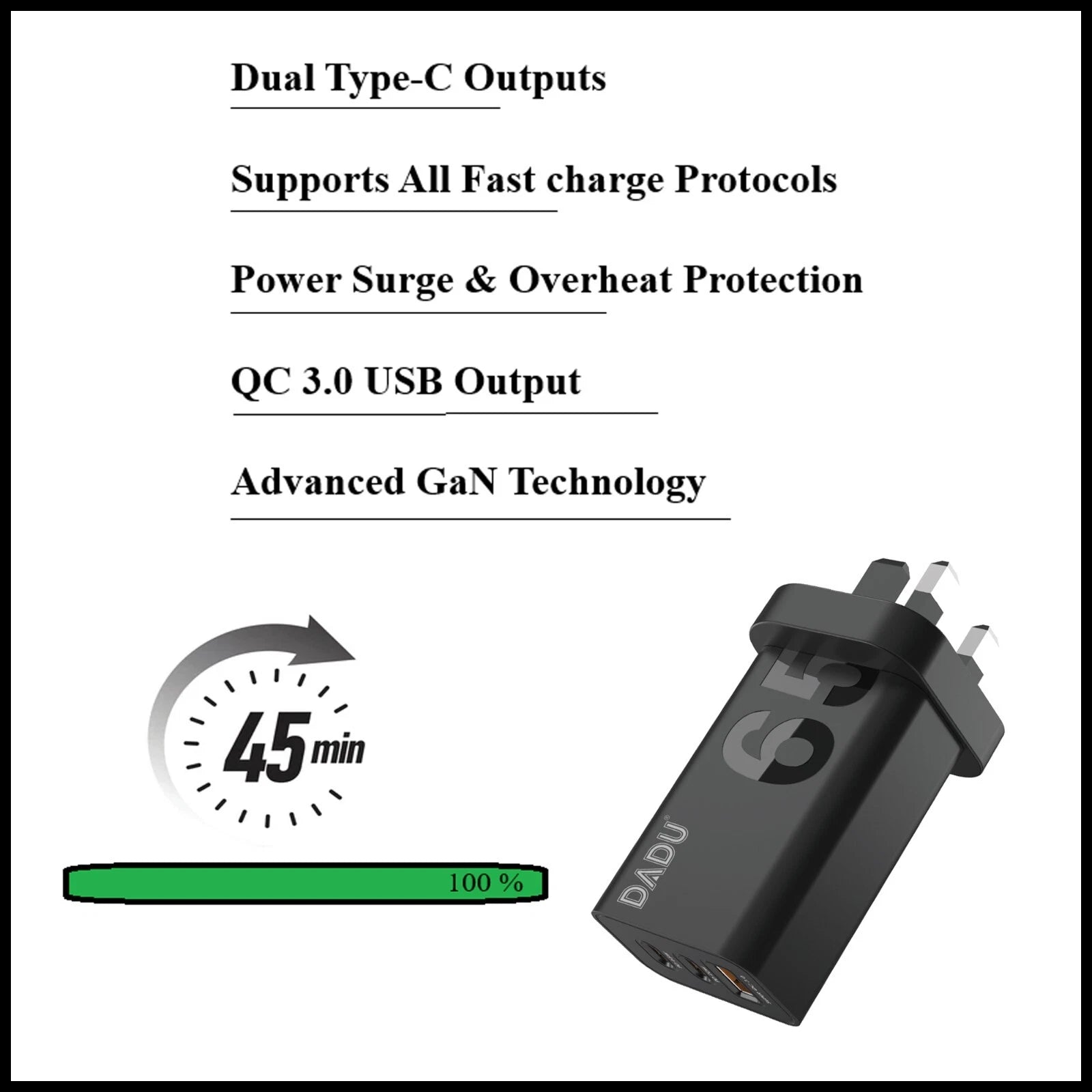 Dadu  PD35W Gan Display Screen USB+C Fast Charger Uk Plug - Black