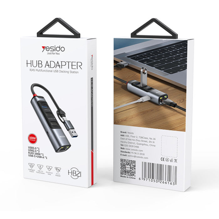 Yesido HB21 5-in-1 USB-C Hub – 100W PD Fast Charging, Gigabit Ethernet, and USB Expansion