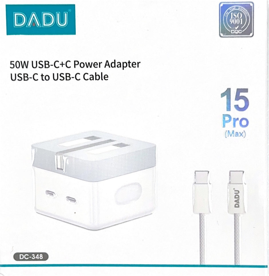 Dadu 50W Super Fast Dual USB-C Charger Plug with Cable – Foldable 2-Port Adapter