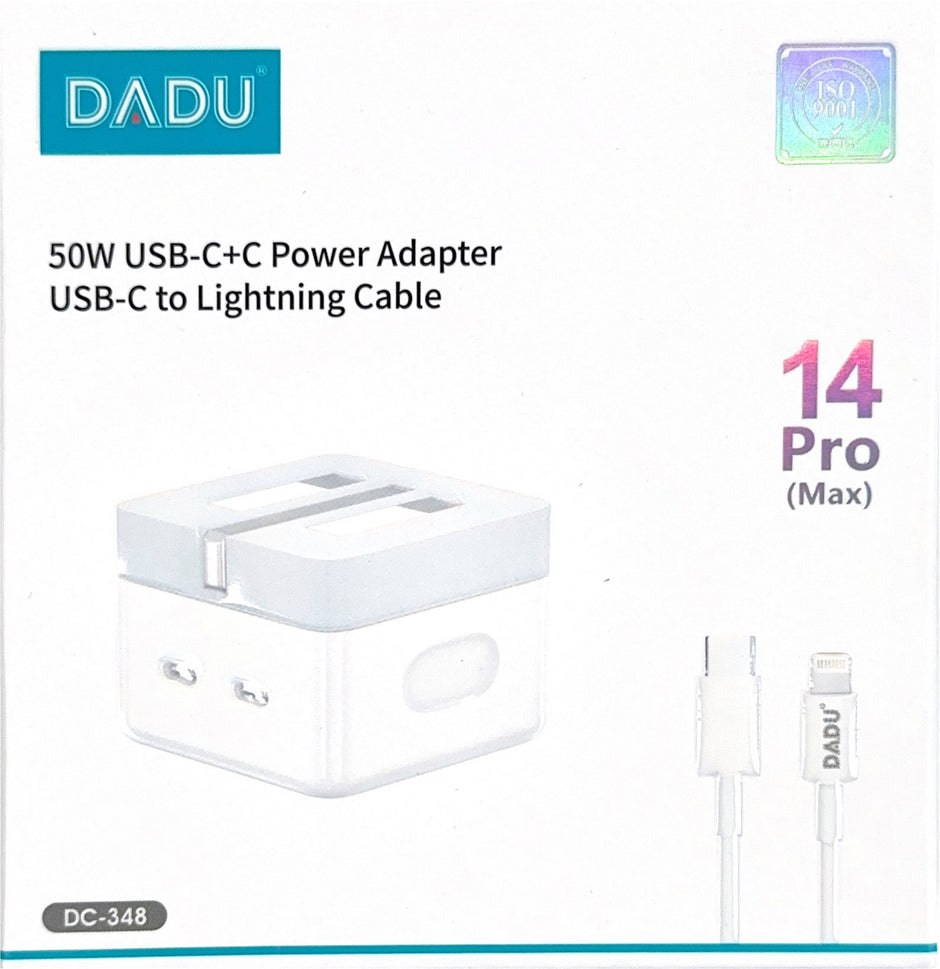 Dadu 50W Super Fast Dual USB-C Charger Plug with Cable – Foldable 2-Port Adapter