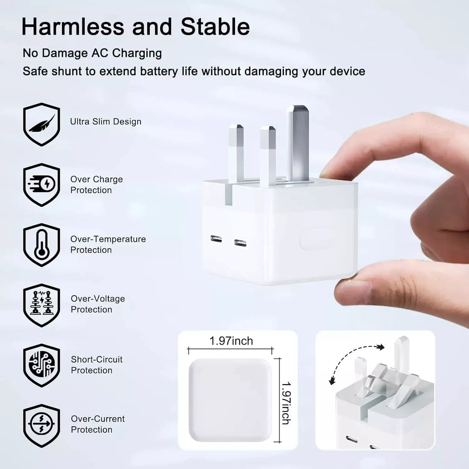 Dadu 50W Super Fast Dual USB-C Charger Plug with Cable – Foldable 2-Port Adapter
