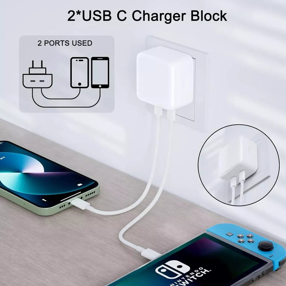 Dadu 50W Super Fast Dual USB-C Charger Plug with Cable – Foldable 2-Port Adapter