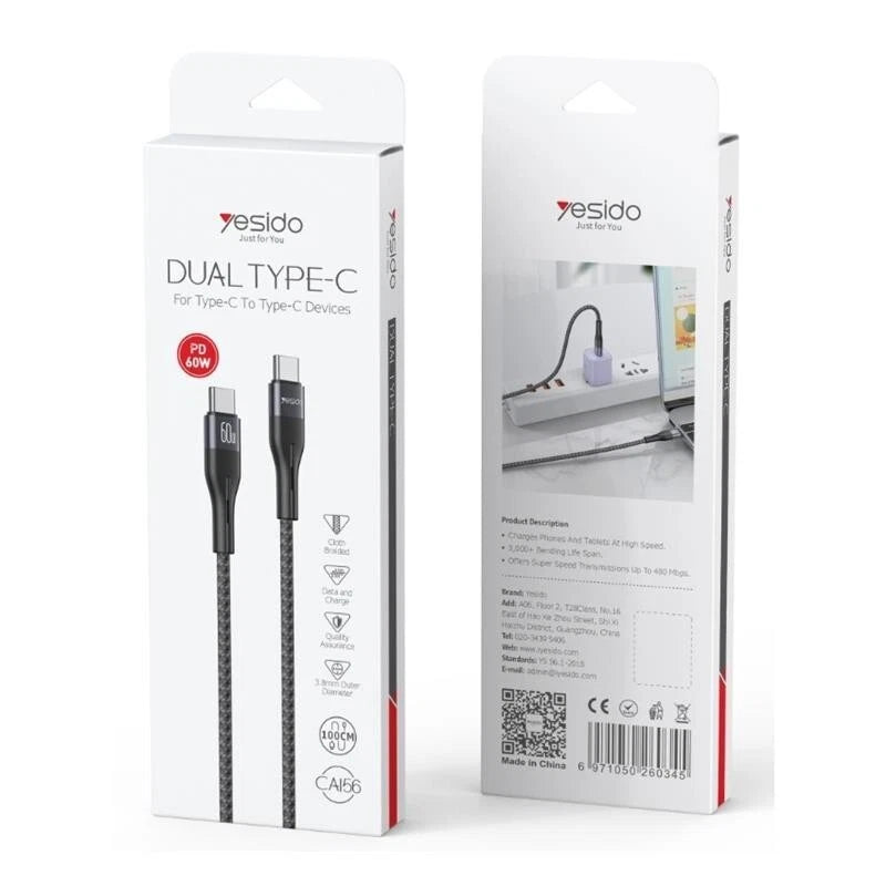 Yesido 60W Dual Type-C to Type-C Fast Charging & Data Sync Cable Braided