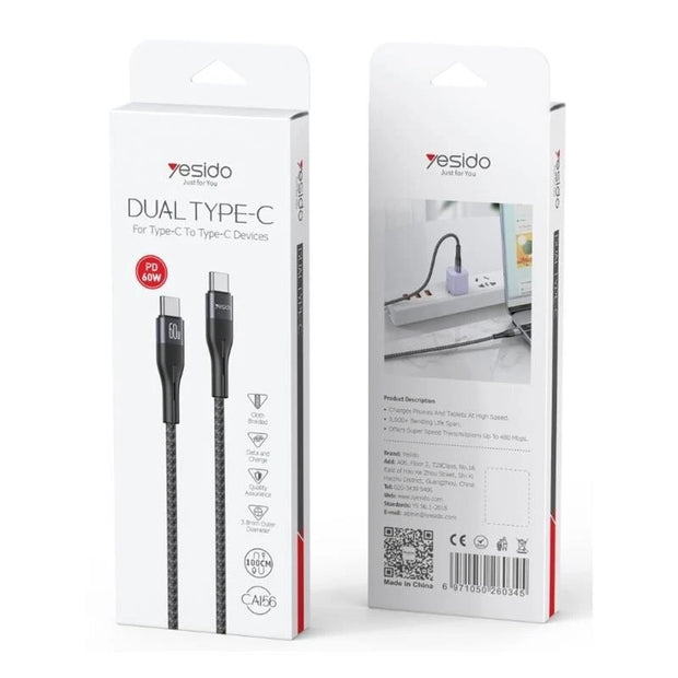 Yesido 60W Dual Type-C to Type-C Fast Charging & Data Sync Cable Braided